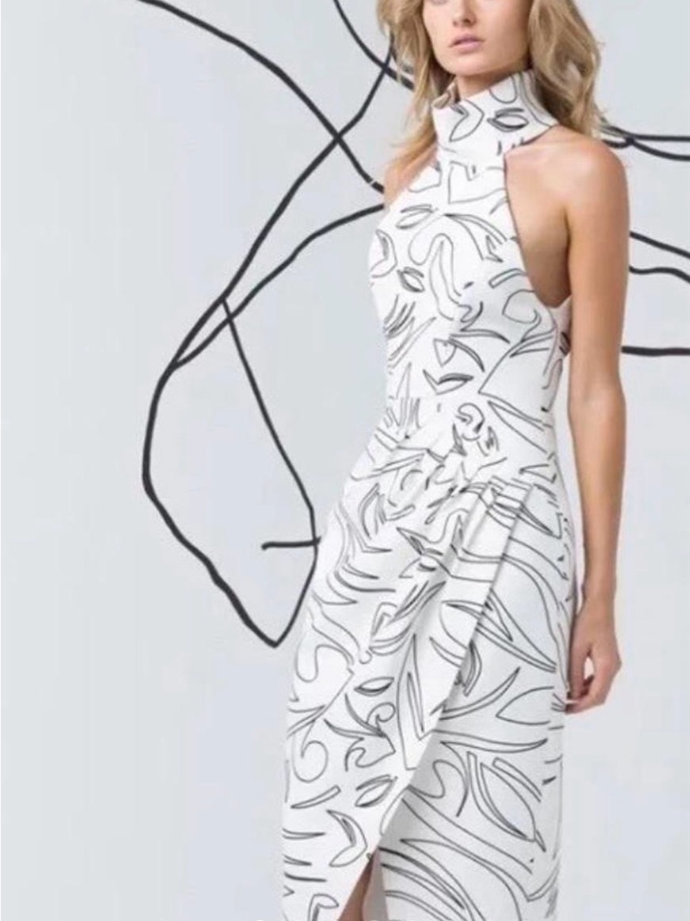 C/MEO Collective White One-Shoulder Abstract Print Midi Dress